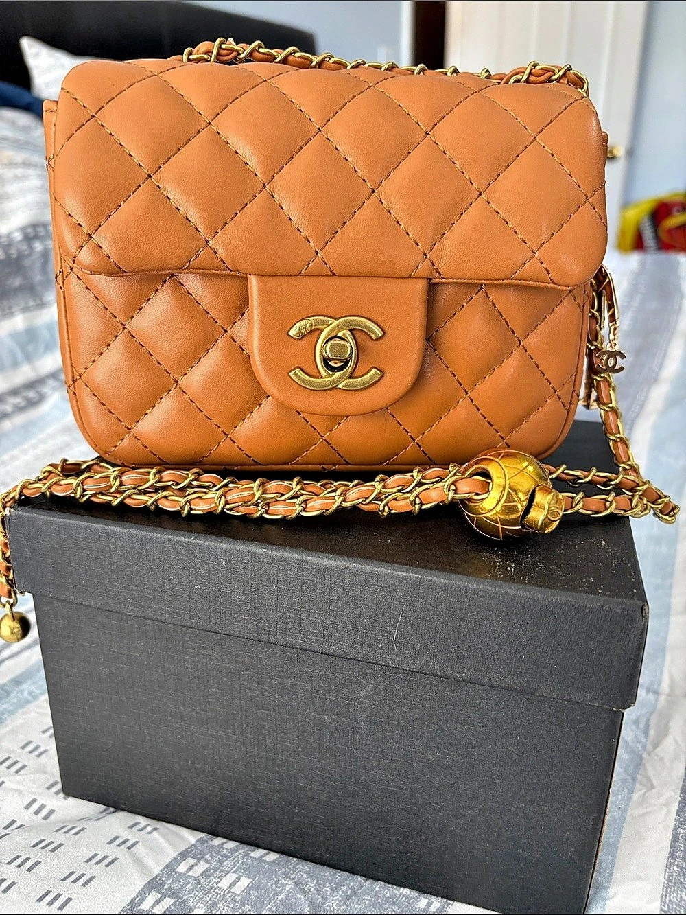 Mini Square Flap Bag Quilted Shoulder Bag Brown with charm